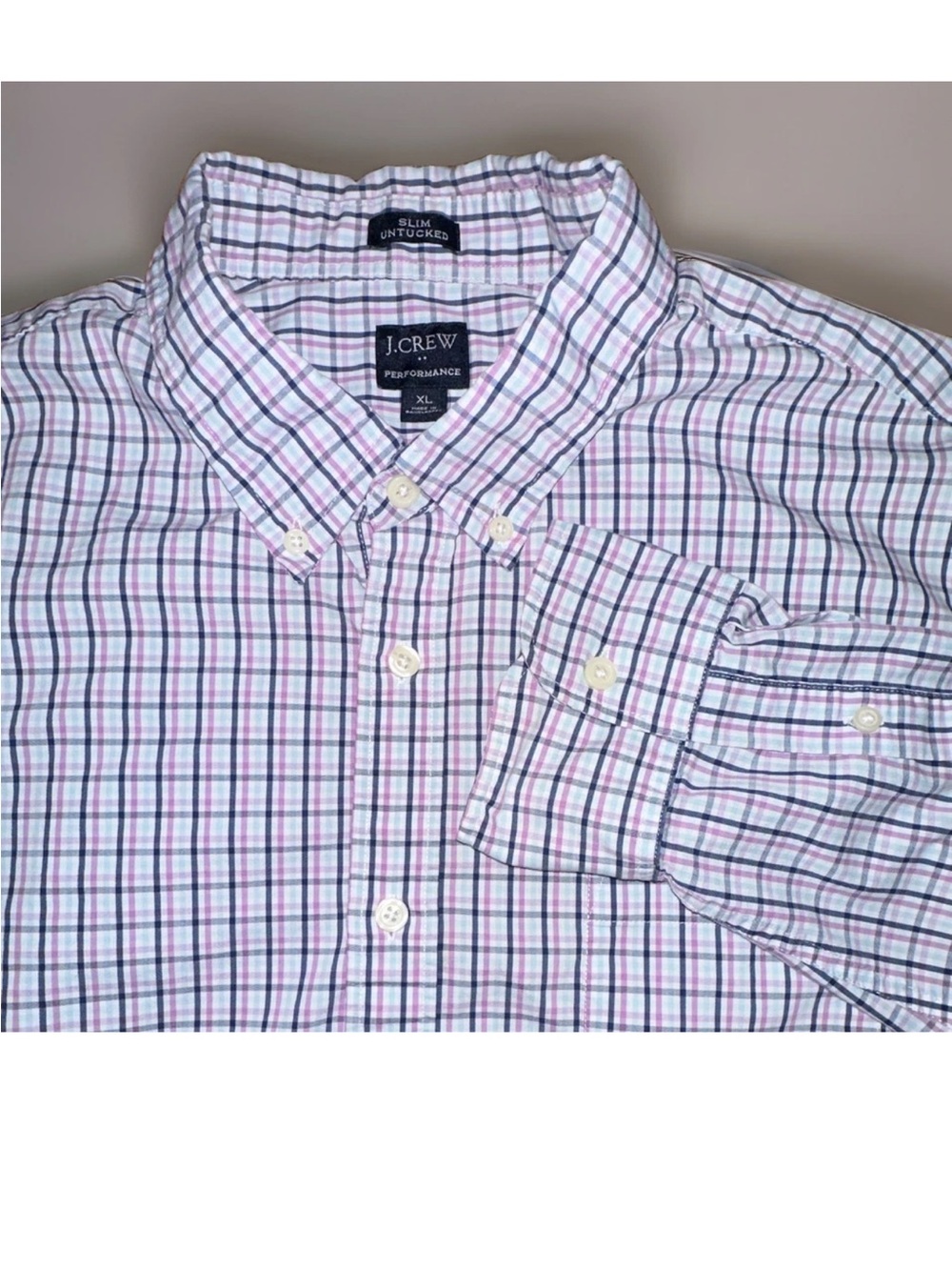 J. Crew Men’s White Button-Down Plaid Shirt with Purple and Blue Checks